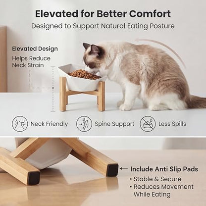 Ceramic Tilted Raised Cat Bowl - Elevated Food Bowl for Indoor Cats & Small Dogs - Shallow Wide Whisker-Friendly Design - Pet Dish Suitable for Feeding Dry, Wet, Treats & Canned Food - White - color: White with stand