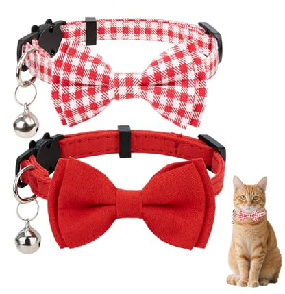 Cat Collar with Bow Tie 2pcs Set Bell Boy Girl Kitten Safety Plaid Grid Checkered Solid Color Suede Velvet Cute Soft Gift [2pcs] Red - color: Style A-[2pcs] Red