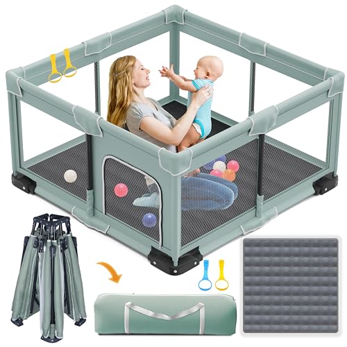 ICAREWAY Foldable Playpen for Babies and Toddlers, 50x50 Inches Portable Playpen, Kids Collapsible Play Pen with 2 Handlers, Indoor & Outdoor Baby Fence Play Area with Visible Mesh, Light Green - color: Light Green, size: 50"x50"