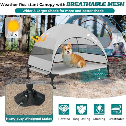 Windproof Elevated Dog Bed with Canopy & Stakes, 3-Sided 90% UV Block, Chew-Proof Teslin Mesh Mat for Large Dogs up to 150lbs(Grey Large) - color: Grey, size: Large