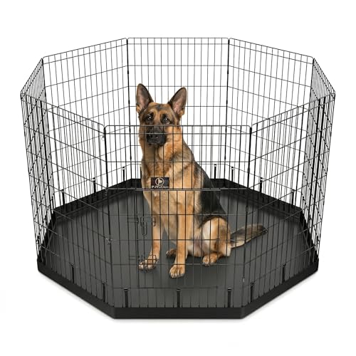 PJYuCien Dog Playpen with Bottom Pad - Metal Foldable Exercise Pen, 8 Panels 42" H x 24" W Indoor Outdoor Pet Fence Puppy Crate Kennel, Black - color: Black, size: Large Pen: 42-Inch High