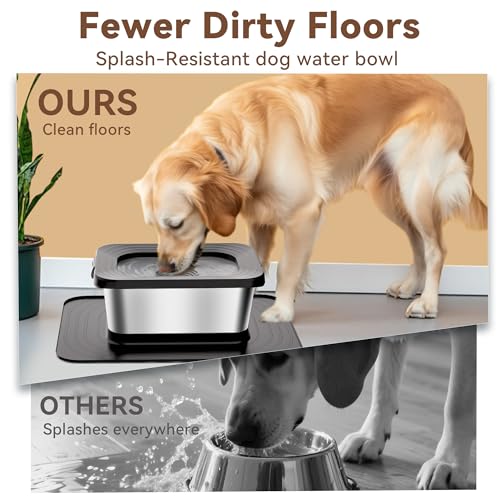 10L No Spill Dog Water Bowl, 2.6 Gal Stainless Steel No Splash Large Dog Water Bowl with Non-Slip Silicone Mat, Spill Proof Slow Drinking Pet Bowls for Messy Drinkers Indoor/Outdoor Use Black - color: Black