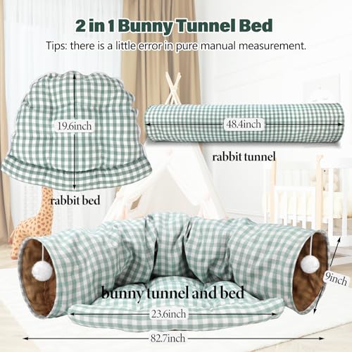 BWOGUE Bunny Tunnel Bed, 2-in-1 Collapsible Tunnel Tubes Toys with Removable Mat Hideout for Cats Kittens Rabbits Guinea Pigs Kitty (GreenPlaid) - color: GreenPlaid