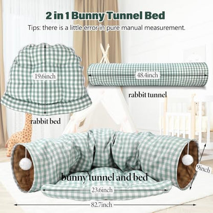 BWOGUE Bunny Tunnel Bed, 2-in-1 Collapsible Tunnel Tubes Toys with Removable Mat Hideout for Cats Kittens Rabbits Guinea Pigs Kitty (GreenPlaid) - color: GreenPlaid