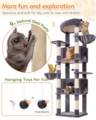 Taoqimiao Heavy Duty Cat Tree, 73in Cat Tower for Indoor Cats 25 lbs+, Extra Large Cat Tree, 2 Widen Condos, Enlarged Sleeping Platform, 9 Scratching Posts, 2 Cozy Baskets, Cat Toys, F30G Smoky Gray - color: Smoke Gray