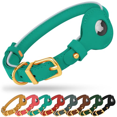 OOPSDOGGY Rolled Leather Dog Collar with Airtag Holder - Reflective Round Airtag Dog Collar - Soft Tracking Pet Collar for Small Dogs Puppy Cats Kitten (Teal, XXS, 7"-9") - color: Teal, size: XXS, 7"-9"