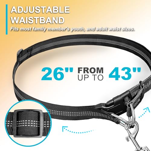 Laqibak Hands Free Dog Leash, Adjustable Waist Leash for Dog Walking, Dual Bungee 4.2-6.7 Feet Long with Reflective Stitches for Walking Hiking Running, Fits 26"- 43" Inch Waist, Black - color: Black