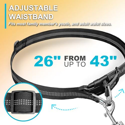 Laqibak Hands Free Dog Leash, Adjustable Waist Leash for Dog Walking, Dual Bungee 4.2-6.7 Feet Long with Reflective Stitches for Walking Hiking Running, Fits 26"- 43" Inch Waist, Black - color: Black