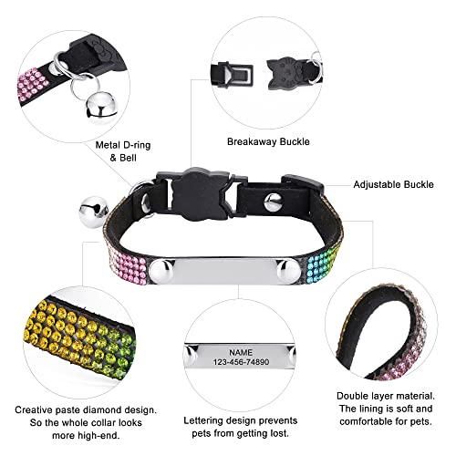 Personalized Cat Collar Breakaway Diamond Rhinestone with Bell, Customized Bling Kitten Pet Collar Adjustable with Engraved ID Name Plate (Black) - color: Black