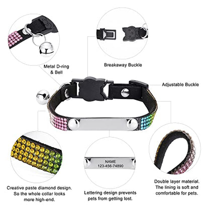 Personalized Cat Collar Breakaway Diamond Rhinestone with Bell, Customized Bling Kitten Pet Collar Adjustable with Engraved ID Name Plate (Black) - color: Black
