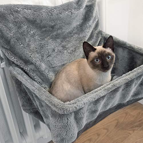 Navaris Cat Radiator Bed - Hanging Plush Basket Hammock with Cushion and Adjustable Metal Frame to Hook onto Radiators - 6kg Maximum Weight - Grey