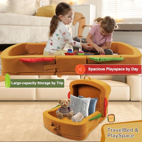 Toddler Travel Bed Sandwich Style - Portable Toddlers Floor Beds, Foldable Soft Foam Travel Crib for Baby and Kid, Washable Cover Toddler Cot with Safety Rail for Travel, Home/Travel Sleep - size: Large – for Kids Ages 2–6