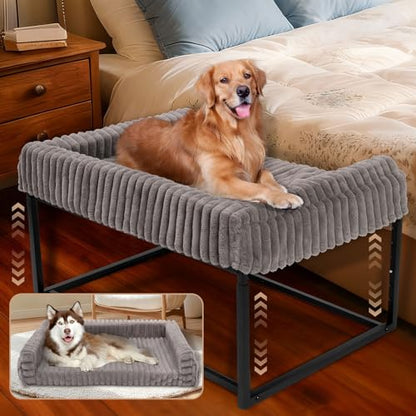 Adjustable Bedside Dog Bed for Large Dogs, Elevated Dog Co-Sleeper with Metal Frame, Memory Foam Mattress & Washable Corduroy Cover, Pet Bedside Sleeper for Dogs & Cats - size: Large