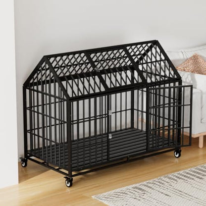 54" Heavy Duty Dog Crate Large Dog cage Strong Metal Dog Kennels and Crates for Large Dogs Top Open with 2 Doors 4 Lockable Wheels 2 Removable Trays - size: 54.0"L x 29.5"W x 46.0"H