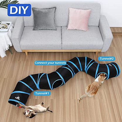 Pawaboo Cat Toys, Cat Tunnel Tube S-Shaped Tunnels 25x97cm Extensible Collapsible Cats Play Tent Interactive Toy Maze Cats House with Balls and Bells for Kitten Kitty Rabbit Small Animal, Blue - color: Blue, size: S Way