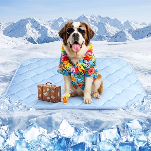 Cooling Mat for Dogs Extra Large 43" x 31", Cooling Pet Bed Outdoor & Indoor Use w Ice Silk Fabric & Waterproof Cover, Summer Cool Pad for Dogs, Non-Slip Washable Pet Blanket for Crate Kennel Travel - color: Blue Wave Stitching, size: X-Large