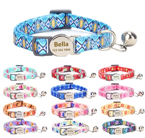 Custom Personalized Breakaway Kitten Cat Collar with ID Name Phone Number Tag Plate/Customized Engraved Floral Pattern Boy Girl Cat Kitten Collar with Bell-Blue Checkered - color: Blue checkered