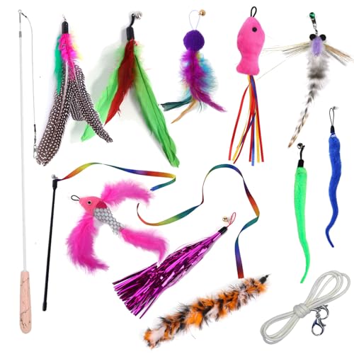 Cat Teaser Wand Set for Indoor Cats (13 Pack) - Retractable with Feather Refills, Interactive Toy to Boost Exercise & Relieve Boredom