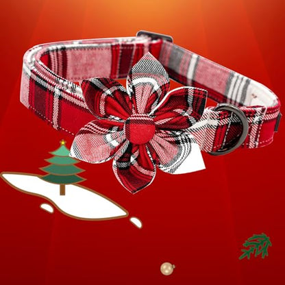 Dog Collar, Christmas Plaid Pet Collars with Flower Holiday Girl Boy Puppy Collar Adjustable Pet Collar for X-Small Dogs - color: Red Plaid, size: X-Small (Pack of 1)