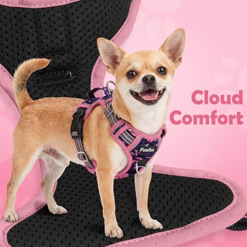 Funfox Dog Harness No Pull, Adjustable Pet Vest Harness, Super Soft Material with Vertical Handle Easy Control, Reflective Night Walking, 2 Leash Clips for Small Sized Dogs, Mosaic Pink, S - color: Mosaic Pink, size: Small
