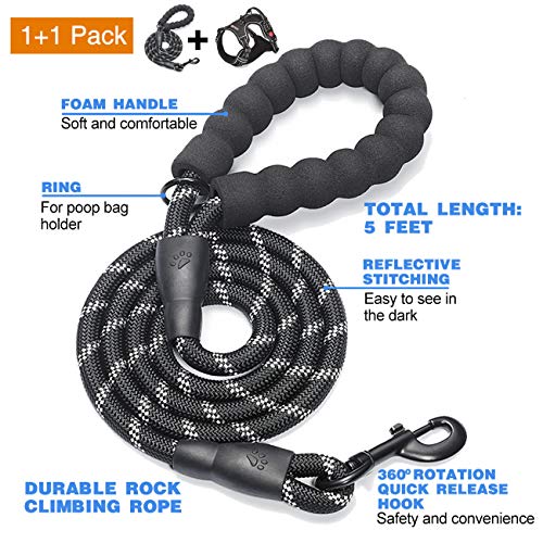 tobeDRI No Pull Dog Harness Adjustable Reflective Oxford Easy Control Medium Large Dog Harness with A Free Heavy Duty 5ft Dog Leash (S (Neck: 13"-18", Chest: 17.5"-22"), Black Harness+Leash) - color: Black Harness+Leash, size: Small