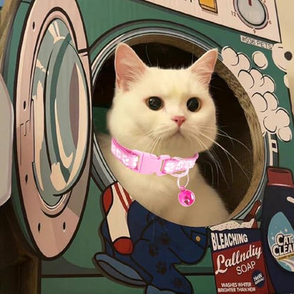 MJIYA Cat Collar with Bell, Breakaway Grid Collar with Plastic Buckle, Light Adjustable, Nylon, Kitty Collars - color: Pink