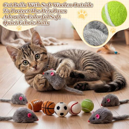 Outus 10 Pcs Cat Toys Bulk Include 5 Furry Mouse & 5 Sport Themed Pom Pom Balls for Cat and Kitty Mice Toys Felt Wool Ball Soft Quiet Interactive Catch Without Catnip for Yard Apartment Indoor Outdoor