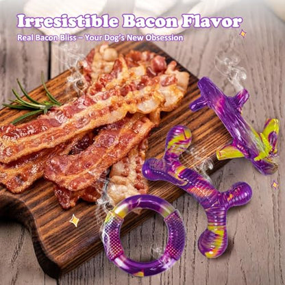 Furdog Indestructible Dog Toy 3Pack, Dog Chew Toys for Aggressive Chewers, Tough Dog Toys to Keep Them Busy for Medium Large Breed, Bacon Flavor (Purple) - color: Purple
