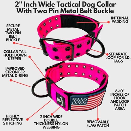 Tactical Dog Collar 2 Inch Wide Heavy Duty with Metal 2-Pin Belt Buckle for Medium, Large & XL Dogs, Thick Military-Style K9 Collar, Reflective, with Name Plate Area, USA Flag Patch, Strong & Durable - color: PINK, size: 12-20 inches