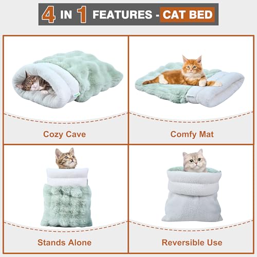4 in 1 Self Warming Burrow Cat Bed, Pet Hideway Sleeping Cuddle Cave (Style2- Green) - color: Style- Green
