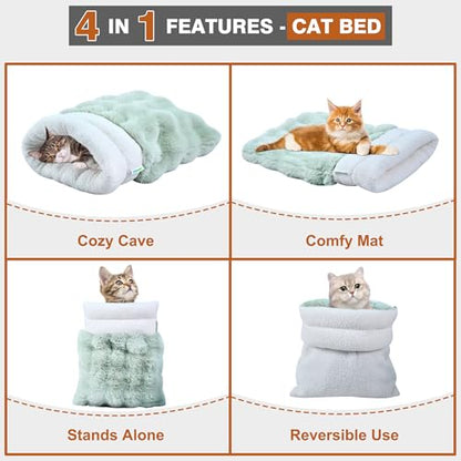 4 in 1 Self Warming Burrow Cat Bed, Pet Hideway Sleeping Cuddle Cave (Style2- Green) - color: Style- Green