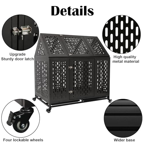 44 inch Heavy Duty Dog Crate with Wheels, Indestructible Escape-Proof Dog Kennel with Locking Latch and Double Door, Large XL Cage Indoor for Large and Medium Dog with Removable Tray - size: 43.3"L x 29.7"W x 46.3"H