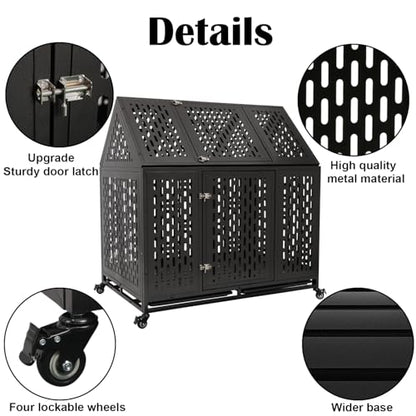 44 inch Heavy Duty Dog Crate with Wheels, Indestructible Escape-Proof Dog Kennel with Locking Latch and Double Door, Large XL Cage Indoor for Large and Medium Dog with Removable Tray - size: 43.3"L x 29.7"W x 46.3"H
