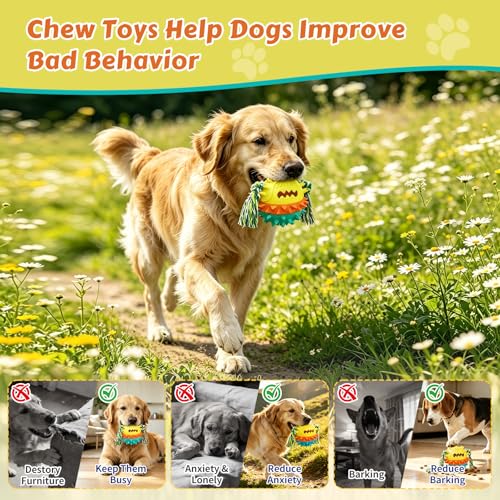 Dog Chew Toys Floating 4" Squeaky Ball for Aggressive Chewers Toothbrush Teething Cleaning Toys Outdoor Swimming Interactive Tough Toys with Treat Dispenser Ball for Medium and Large Dogs - color: Yellow & Blue