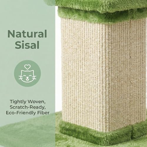 32" Tall Cat Scratching Post, Cat Scratcher with Heavy Duty Thick Wood Base, Cat Tower with Natural Sisal Rope and Hanging Ball, Plant-Like Design Scratching Post, for Small and Adult Kittens, Green - color: LIght Green