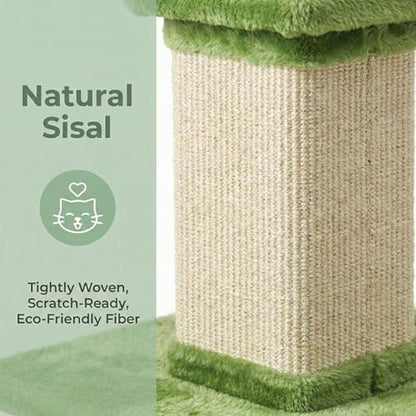 32" Tall Cat Scratching Post, Cat Scratcher with Heavy Duty Thick Wood Base, Cat Tower with Natural Sisal Rope and Hanging Ball, Plant-Like Design Scratching Post, for Small and Adult Kittens, Green - color: LIght Green