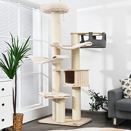 Tangkula Large Cat Tree, Multi-Level Tall Cat Tower with Sisal Scratching Posts, Hammocks, Hanging Basket, Cat Condo and Removable Washable Cushions, Modern Wood Cat Tree for Indoor Cats Large Adult - color: Natural, size: 77.5 Inches