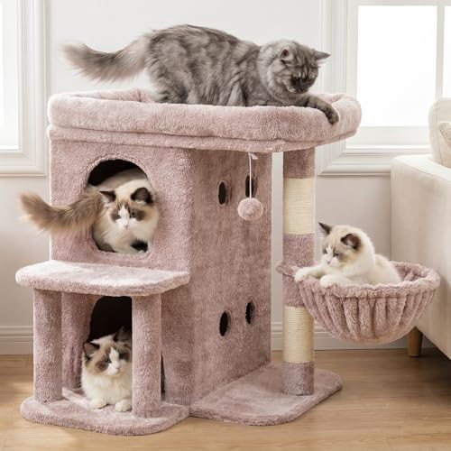 Heybly Cat Tree, 25.6-inch Cat Tower with Spacious Top Perch for Large Cats, Stair-Style Cat House Furniture with Dual-Layer Condos, Sisal Scratching Posts, Cozy Basket & Pompom, Muchroom HCT204SMU - color: Muchroom, size: 25.6 inch