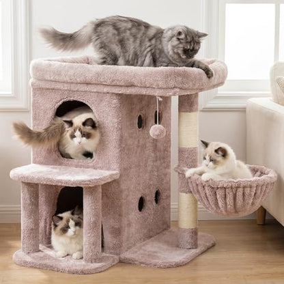 Heybly Cat Tree, 25.6-inch Cat Tower with Spacious Top Perch for Large Cats, Stair-Style Cat House Furniture with Dual-Layer Condos, Sisal Scratching Posts, Cozy Basket & Pompom, Muchroom HCT204SMU - color: Muchroom, size: 25.6 inch