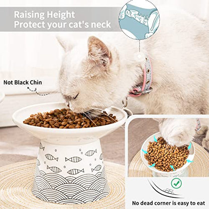 6.25 Inch Extra Wide Ceramic Raised Cat Bowls, Elevated Cat Bowls for Food & Water, Wide Shallow Cat Food Dish, Whisker Fatigue, Stress Free, Protect Spine, Black & Green Fish - color: Black & Green Fish