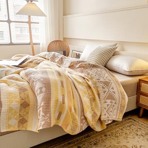 MEJU Muslin All Season Blanket for Bed Sofa Couch, 100% Combed Cotton 3 Layer Soft Warm Quick Dry Throw Blanket Bed Coverlet Sheet (Boho Yellow, Twin 60 in x 80 in) - color: Boho Yellow, size: Twin 60 in x 80 in