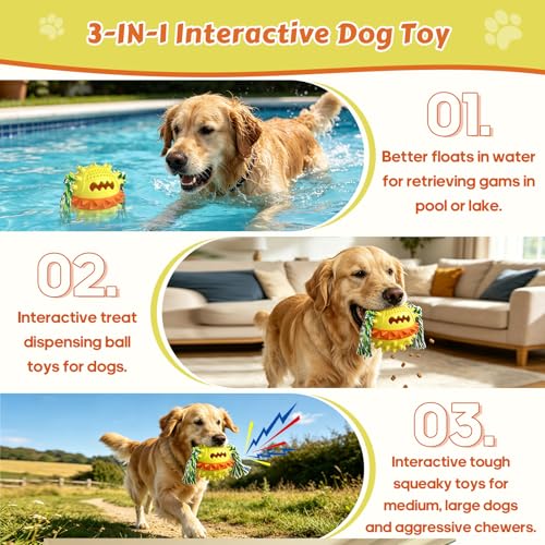 Dog Chew Toys Floating 4" Squeaky Ball for Aggressive Chewers Toothbrush Teething Cleaning Toys Outdoor Swimming Interactive Tough Toys with Treat Dispenser Ball for Medium and Large Dogs - color: Yellow