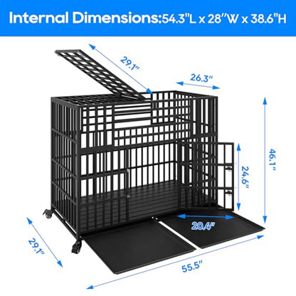 56 inch Heavy Duty Indestructible Dog Crate, Escape Proof Double Door Pet Kennel with Wheels and Trays, Chewproof High Anxiety Extra Large Dog Cage Indoor for Large Giant Dogs, XL/XXL - size: 55.5"L x 29.1"W x 46.1"H