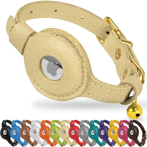 OOPSDOGGY Leather AirTag Cat Collar with Bell - Non Breakaway Kitten Collar with Apple Air Tag Holder - Lightweight GPS Pet Collars for Girl Boy Cats, Small Dogs, Puppies (Beige) - color: Beige
