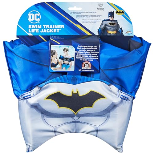 SwimWays DC Batman Swim Trainer, US Coast Guard Approved Life Vest Kids Swim Vest, Arm Floaties & Life Jackets for Kids 33-55 lbs, Batman - color: Swim Trainer