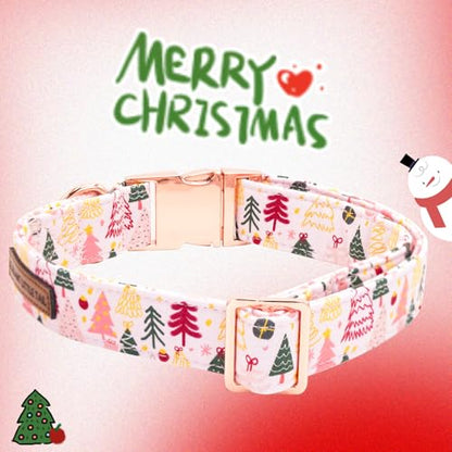 Elegant little tail Christmas Dog Collar, Christmas Tree Pet Collars Bow Pink Metal Buckle Collar Puppy Girl Boy Holiday Cotton Soft Bowtie Adjustable Dog Collar for X-Small Dogs - color: Pink Christmas Tree, size: X-Small (Pack of 1)