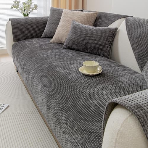 vctops Farmhouse Plaid Chenille Couch Sofa Cover Super Soft Plush Sectional Couch Covers Anti-Slip Solid Sofa Slipcover for Dogs, Children, Pets Furniture Protector (Dark Grey,28"x28") - color: Dark Grey, size: 1pc/28"x28"/Armrest Or Backrest Cover