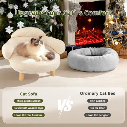 Cat Sofa Furniture-Style Pet Bed with Removable Cotton Velvet Cover, Solid Pine Wood Legs, for Cats and Small Dogs, White - color: White