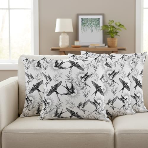 Throw Pillow Covers Set of 4 Swallows Decor Pillow Covers with Zipper Animal Sun Leaf Nature Botanical Pillowcase Cushion Cover for Sofa Couch Bed Home 18x18 Inch - color: Black, White, Gray, size: 18" x 18" (Pack of 4)