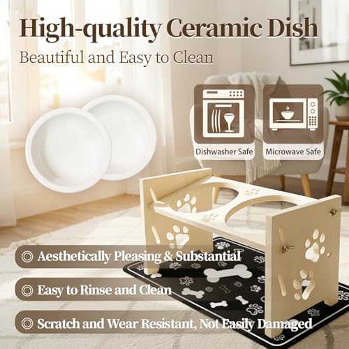 2026 New Elevated Cat Bowls with Food Mat, Adjustable Height & Angle Raised Cat & Dog Bowls Stand for Food and Water, Cat or Small Dog Feeding Station, 2 Ceramic Bowls for Cats and Puppy(Natural Wood) - color: nature